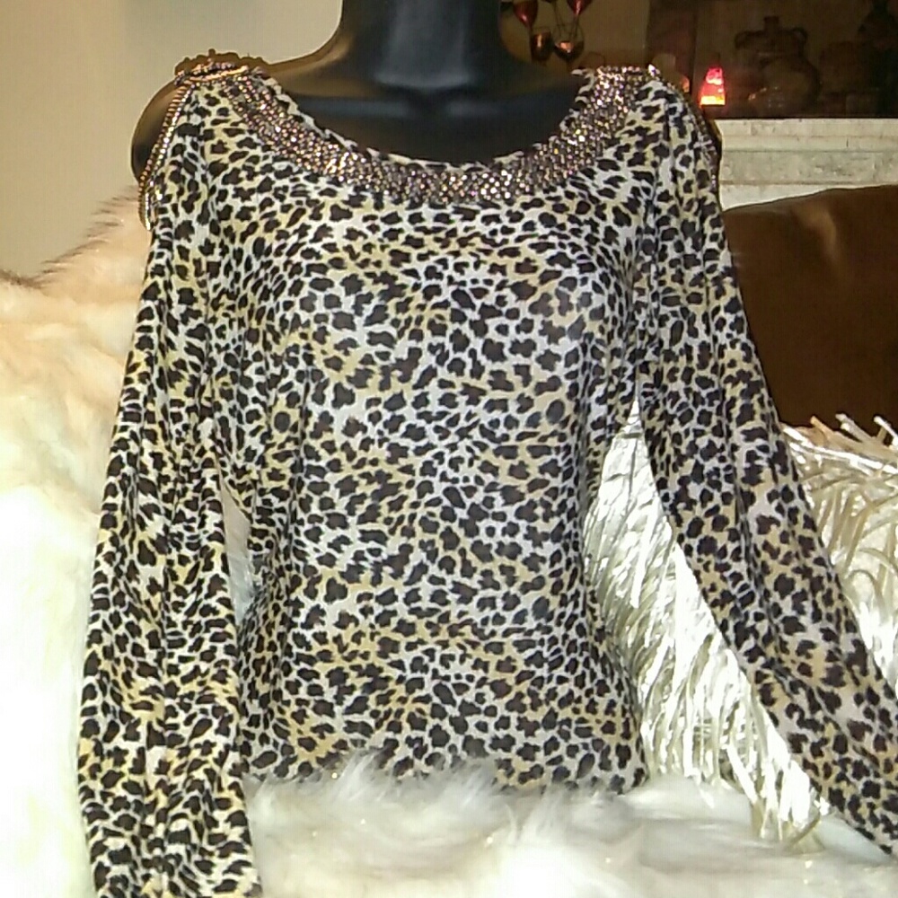 Animal print open shoulder beaded blouse